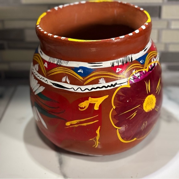 2/$25 Hand Painted Terracotta Vase with Floral Design with Folk Art - Picture 3 of 6